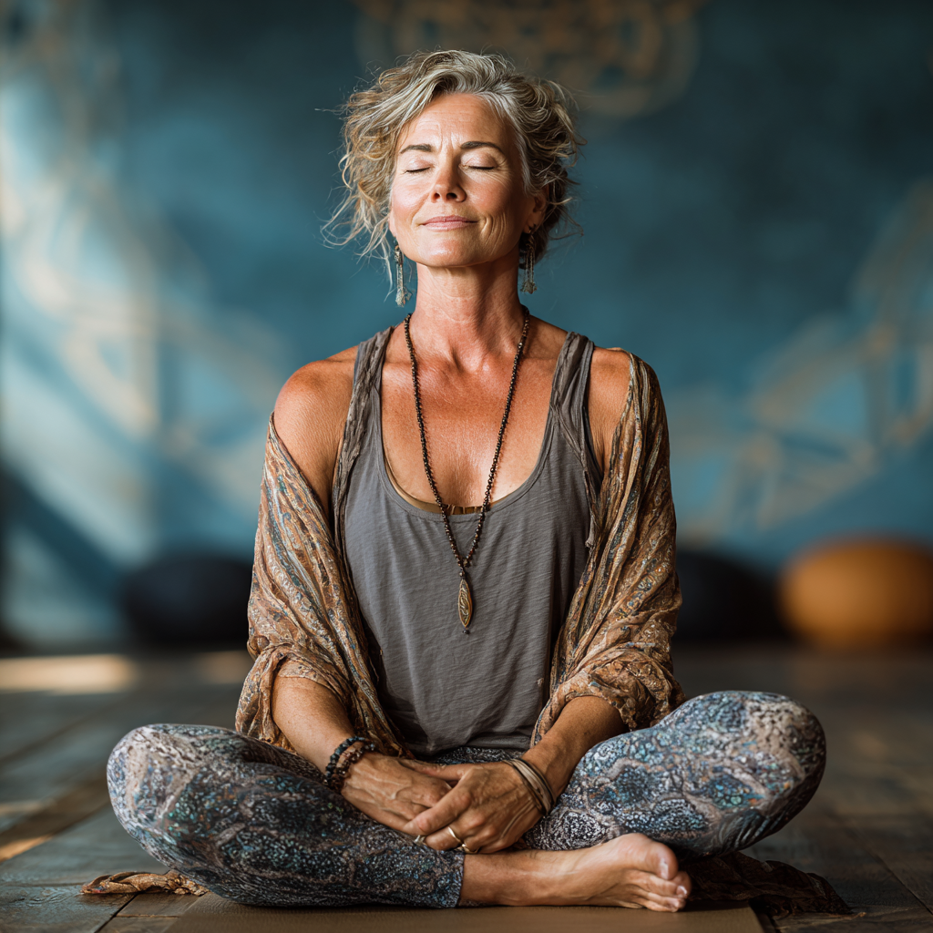 A confident female yoga instructor in her early 50s sitting in lotus position in a bright yoga studio, wearing comfortable activewear and radiating calm wisdom and spiritual presence, representing the experienced teacher guiding students on their wellness journey
